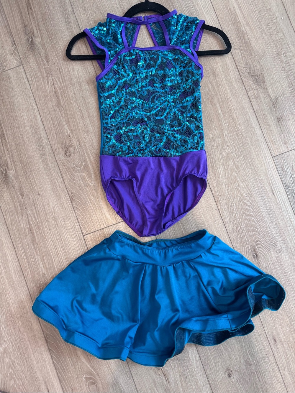 Weissman Teal and Purple Sequin Dance Costume Set Leotard and skirt
